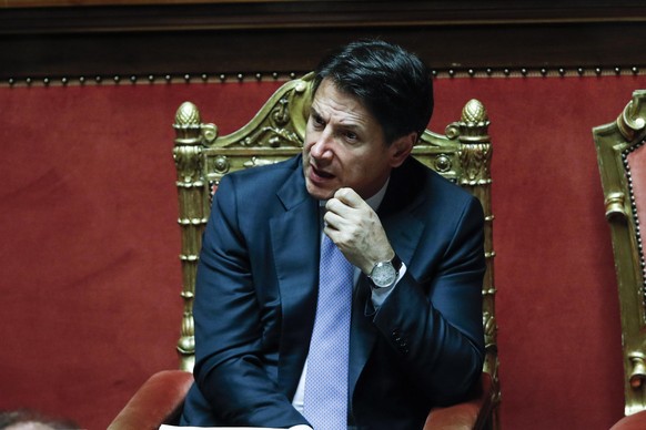 epa07738087 Italian Prime Minister Giuseppe Conte delivers a speech at the Senate in Rome, Italy, 24 July 2019. Conte told the Senate that Gianluca Savoini, League leader Matteo Salvini&#039;s former  ...