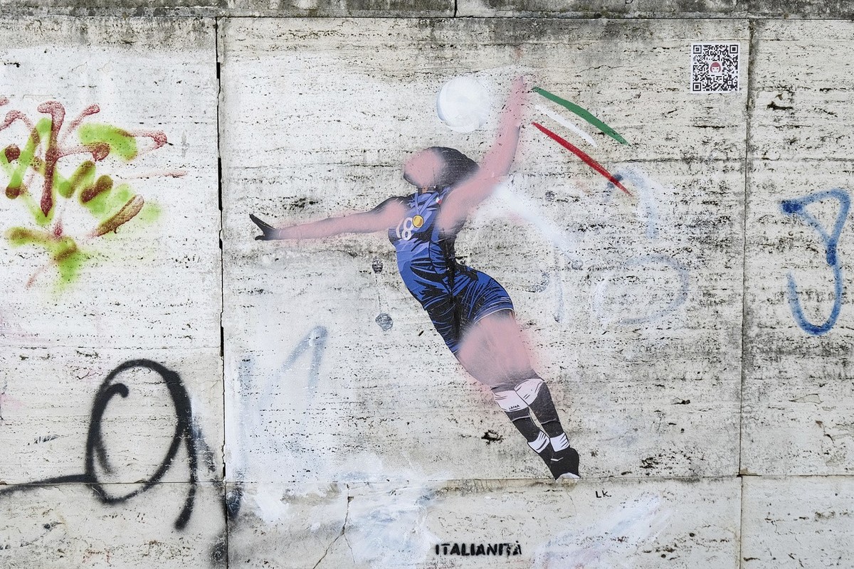 A view of a mural in homage to the Italian volleyball player Paola Egonu after being vandalized, on a wall, in front of the CONI headquarters in Viale Tiziano in Rome, Tuesday, Aug. 13 2024. (Mauro Sc ...