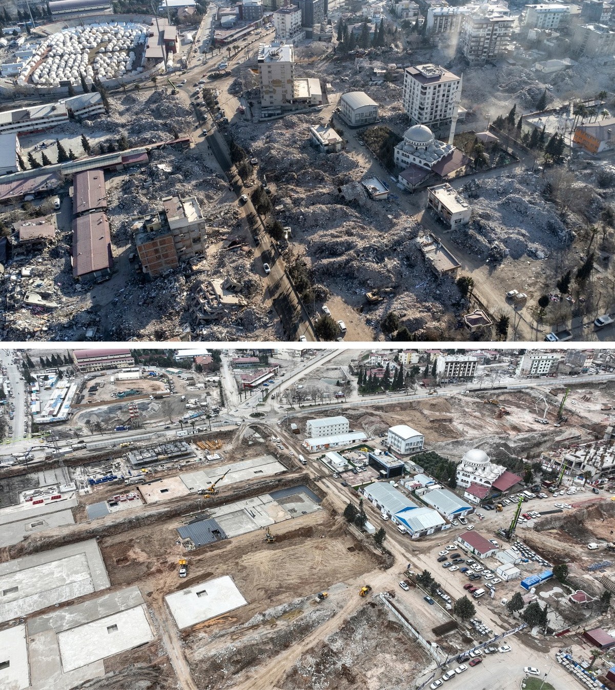 Ein am 05. Februar 2024 veröffentlichtes Bild zeigt ein mit einer Drohne aufgenommenes Luftbild der Zerstörung nach einem starken Erdbeben in Kahramanmaras, Türkei, am 18. Februar 2023 (oben), und ein ...
