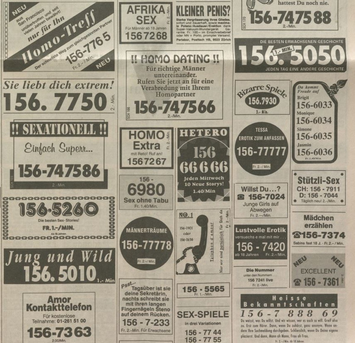 Das Verlagshaus Ringier dürfte an den Telefonsex-Inseraten gut mitverdient haben. Meist finden sich die Inserate im «Blick» gleich vor dem Fernsehprogramm. Quelle: Inserate im Blick vom 25.01.1992 und ...
