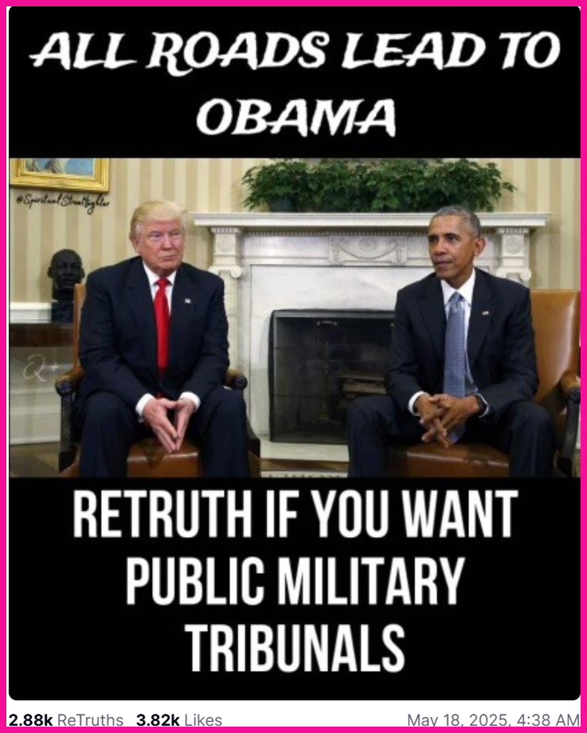 So sieht der Post aus, wenn man ihn anklickt: Trump teilte dieses Meme unkommentiert. Es fordert ein öffentliches Militärtribunal für Präsident Barack Obama.