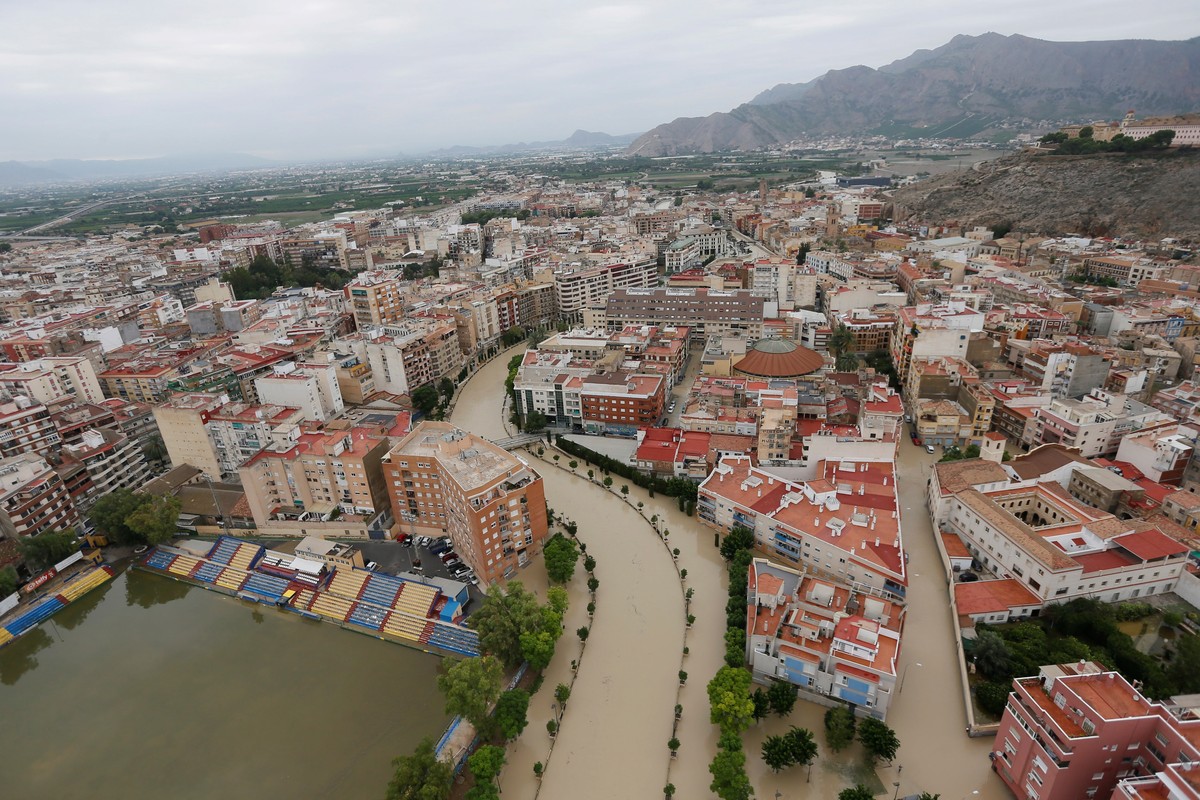 epa07842235 Aereal view of the flooded area of Orihuela, Alicante, eastern Spain 14 September 2019. A total of six people have died due to the 'gota fria' (cold drop) phenomenon in the Medit ...