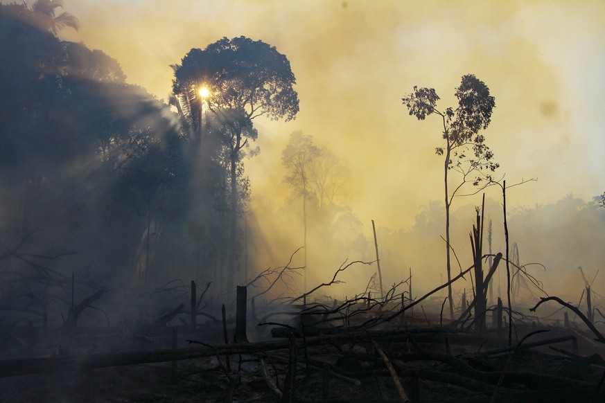 The sun shines through clouds of smoke in an area consumed by fires near Labrea, Amazonas state, Brazil, Friday, Aug. 7, 2020. According to the National Institute for Space Research, fires in the Braz ...