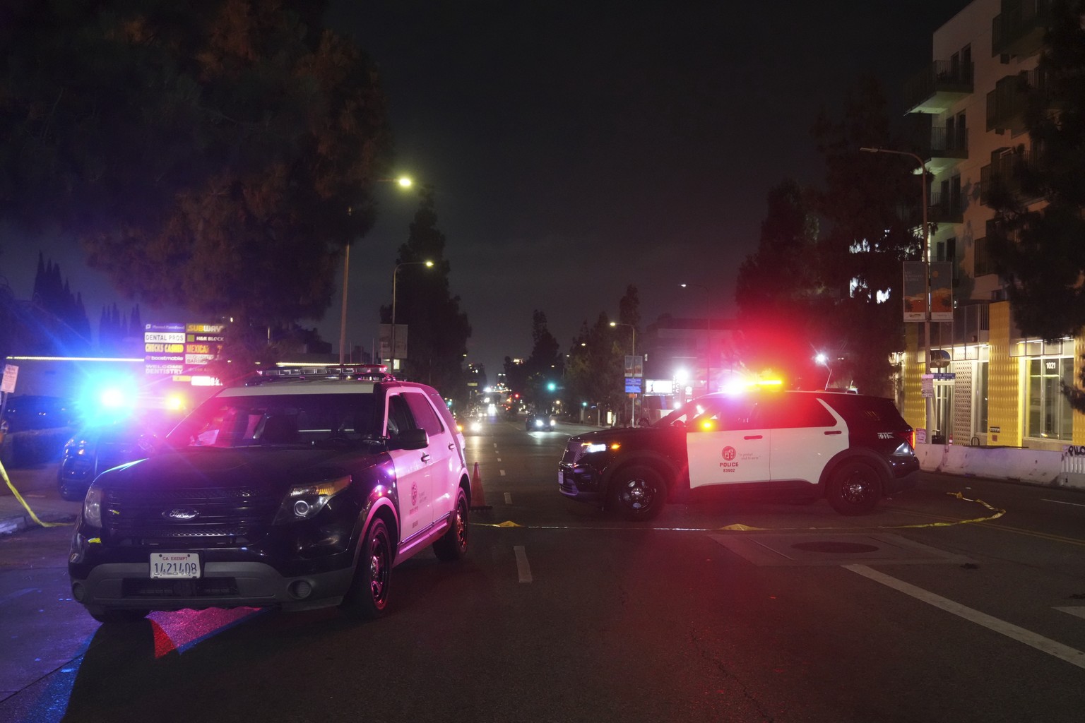 Police patrol vehicles close Vermiont Ave. after a vehicle rammed into a crowd gathered outside &quot;The Vermont&quot; nightclub in Los Angeles, early morning Saturday, July 19, 2025. (AP Photo/Damia ...