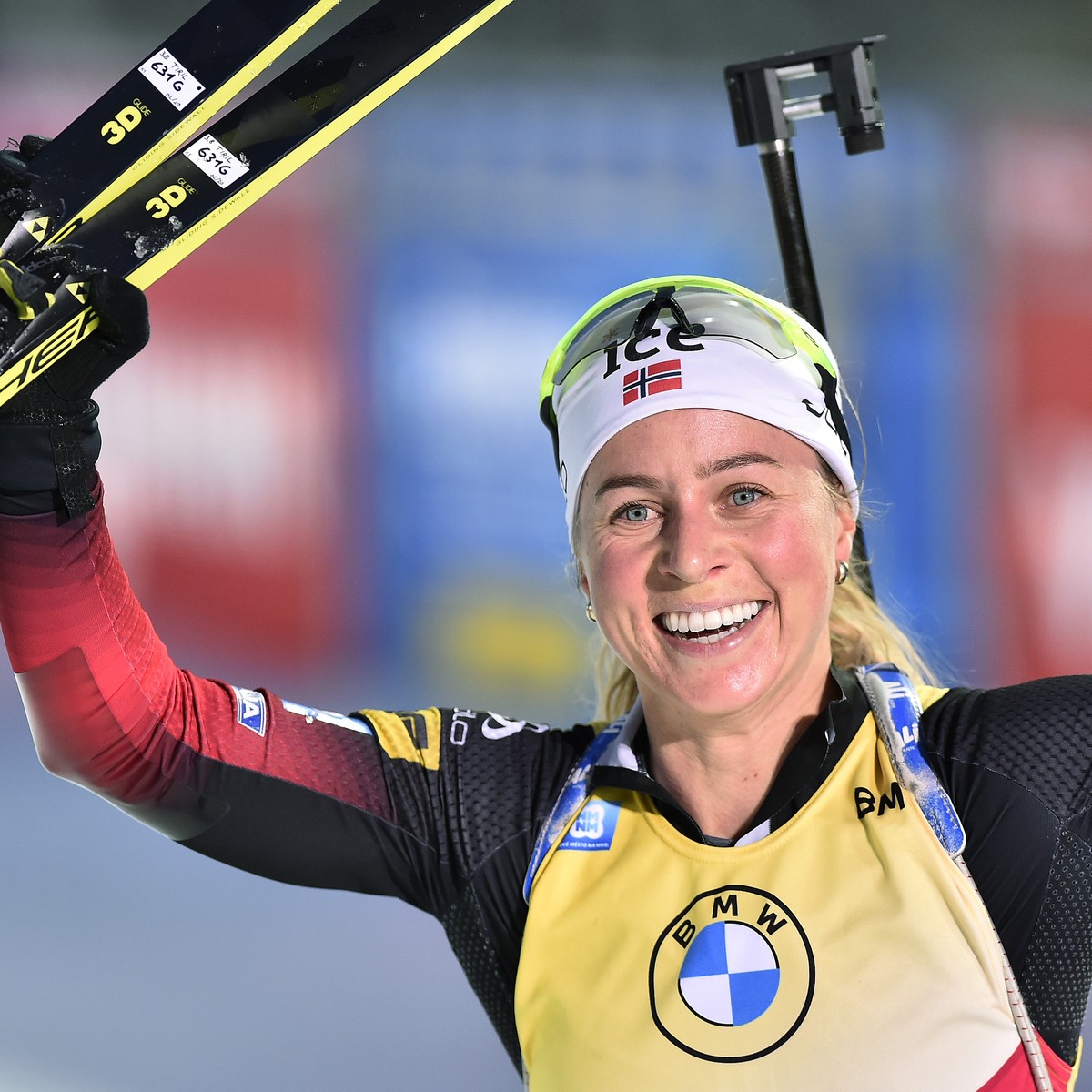 Tiril Eckhoff of Norway celebrates winning the women's 10-kilometer pursuit race at the Biathlon World Cup in Nove Mesto na Morave, Czech Republic, Saturday, March 13, 2021. (Lubos Pavlicek/CTK v ...