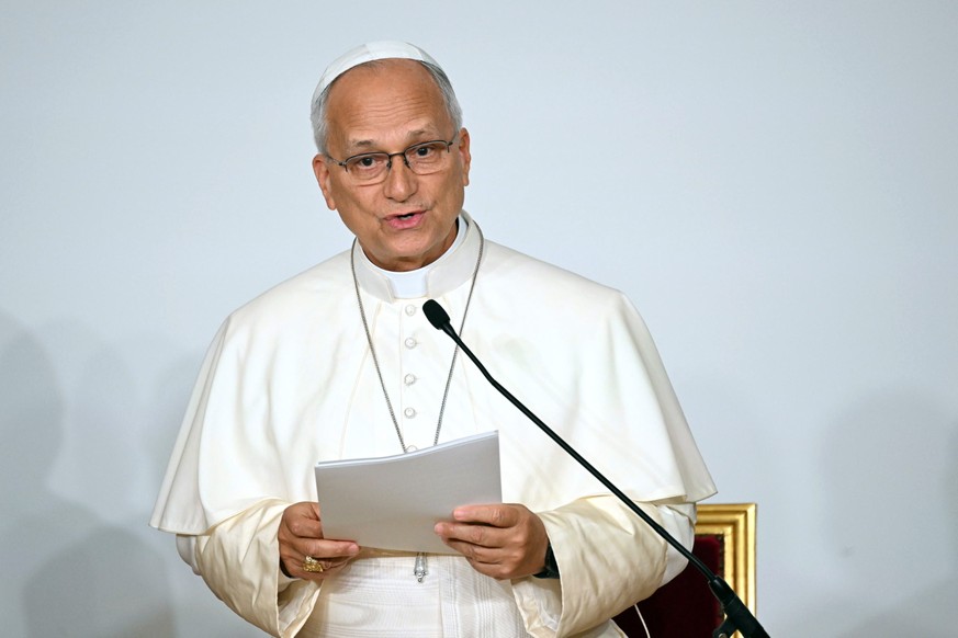 epa13264083 Pope Leo XIV addresses participants in the Georges Bernanos Auditorium of the Catholic Institute of Paris during his visit to Paris, France, 26 September 2026. The Pontiff's apostolic ...