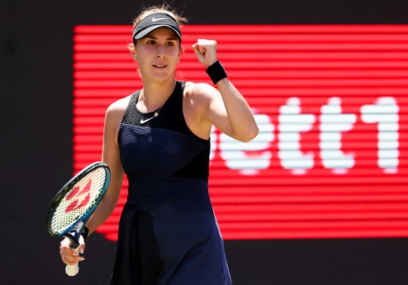 epa09282404 Belinda Bencic of Switzerland celebrates after winning her match against Ekaterina Alexandrowa of Russia during the women&#039;s Bett1 Open WTA 500 tennis tournament in Berlin, Germany, 18 ...