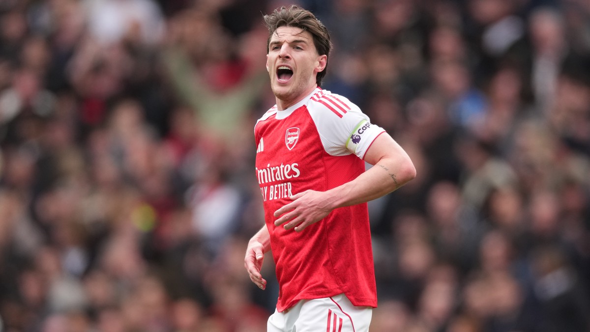 Arsenal's Declan Rice reacts during the Premier League soccer match between Arsenal and Bournemouth in London, England Saturday, April 11, 2026. (AP Photo/Dave Shopland)
Britain Soccer Premier Le ...