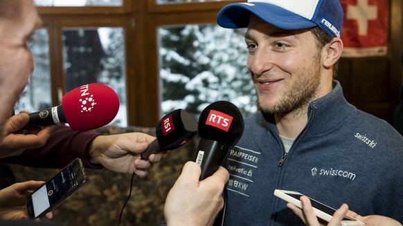 Justin Murisier of Switzerland speaks to journalists during the Swiss-Ski federation press conference of the FIS Alpine Ski World Cup at the Lauberhorn, in Wengen, Switzerland, Wednesday, January 11,  ...