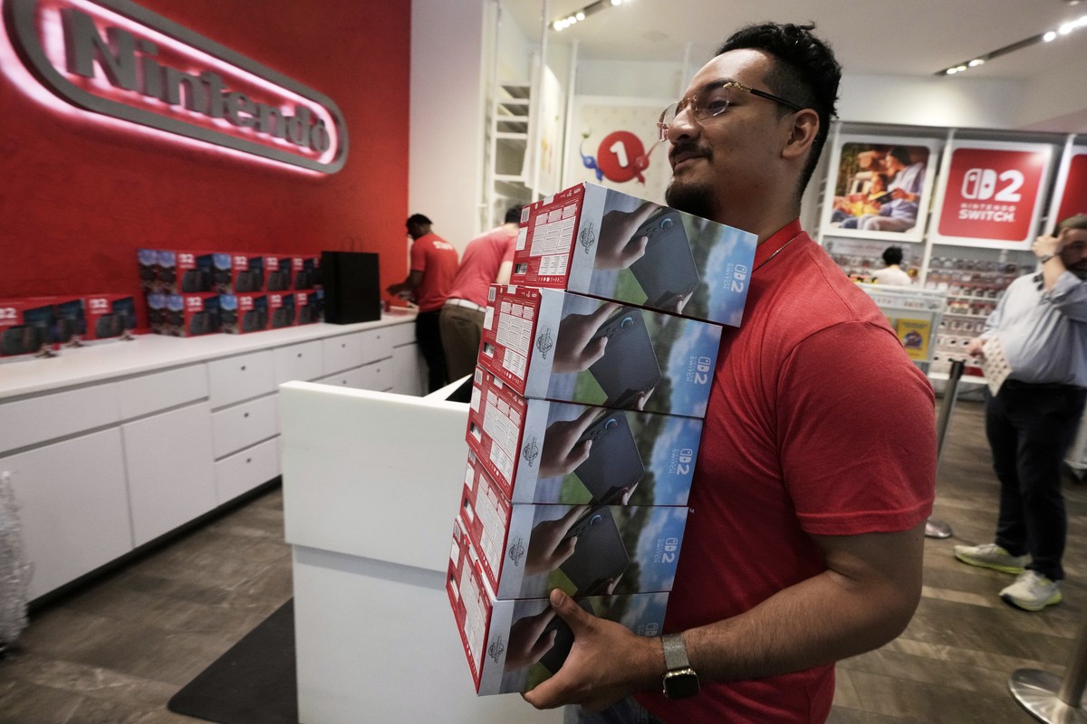 A stack of Nintendo Switch 2 devices is restocked at the Nintendo store in New York's Rockefeller Center, Thursday, June 5, 2025. (AP Photo/Richard Drew)
Nintendo Switch 2