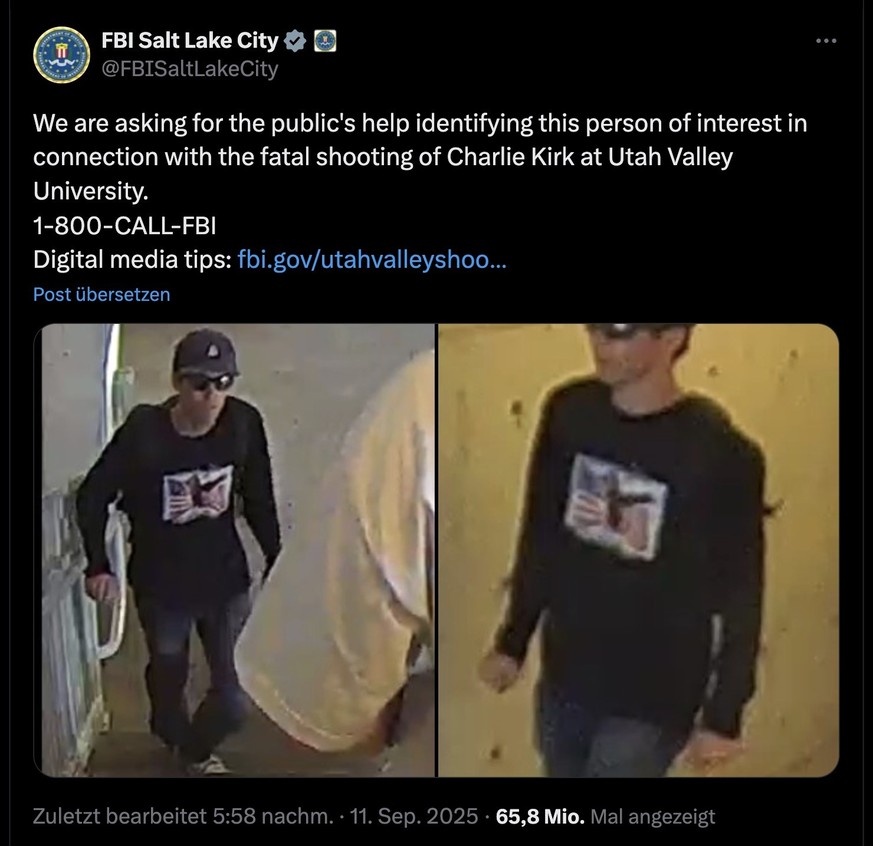 Die bei X veröffentlichen FBI-Fotos des Tatverdächtigen im Mordfall Charlie Kirk.