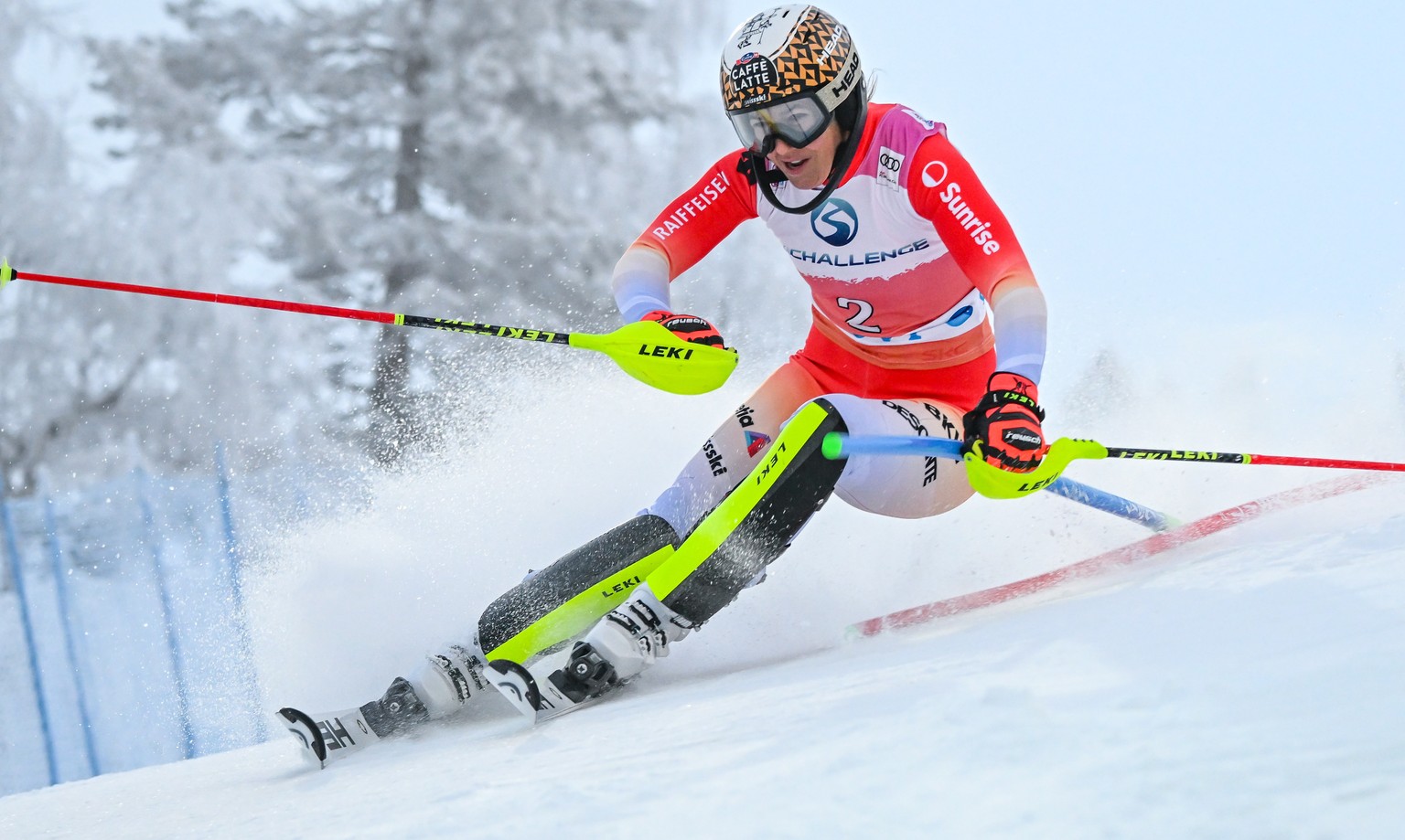 epa10313922 Wendy Holdener of Switzerland in action during the first round of the Women's Slalom race at the FIS Ski World Cup in Levi, Finland, 19 November 2022. EPA/KIMMO BRANDT