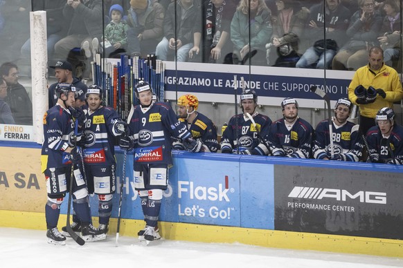 From left, Ambri players Jakub Lilja, Ante Pistoni and Laurent Dauphin, during the 2023/24 Swiss National League preliminary round match between HC Ambri Piotta against SC Bern...