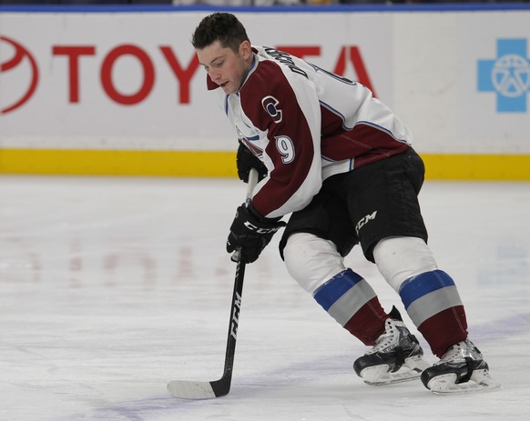 Colorado Avalanche forward Matt Duchene (9) skates prior to an NHL hockey game against the Buffalo Sabres, Thursday, Feb. 16, 2017, in Buffalo, N.Y. (AP Photo/Jeffrey T. Barnes)