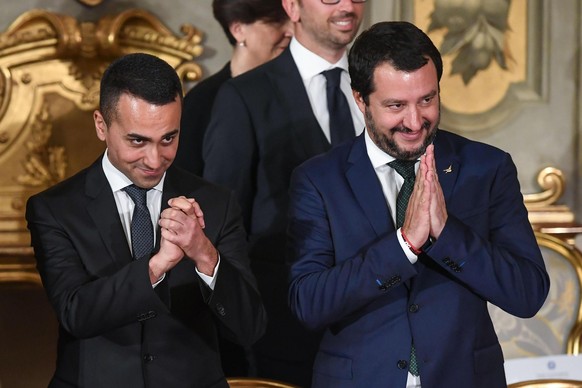 Leader of the League party, Matteo Salvini, right, and Luigi Di Maio, leader of the Five-Star movement, during the swearing-in ceremony for Italy&#039;s new government at Rome&#039;s Quirinale Preside ...