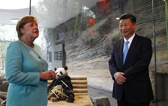 BERLIN, GERMANY - JULY 05: German Chancellor Angela Merkel and Chinese President Xi Jinping officially open the new panda enclosure for viewing at Zoo Berlin on July 5, 2017 in Berlin, Germany. The tw ...