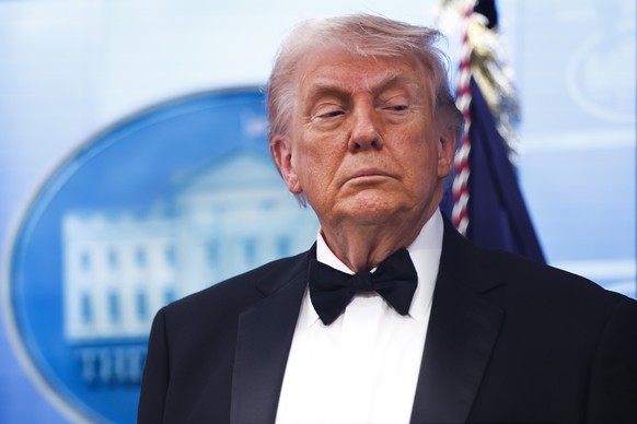 epa12914525 US President Donald Trump speaks to reporters in the White House Press Briefing Room after a shooting outside the Washington Hilton ballroom hosting the White House Correspondents Dinner  ...