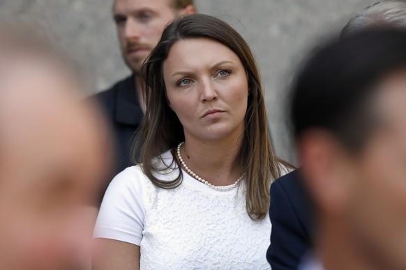 Courtney Wild, one of Jeffrey Epstein's accusers who spoke at his bail hearing, attends a news conference outside federal court, in New York, Monday, July 15, 2019. Wild said Monday in Manhattan ...