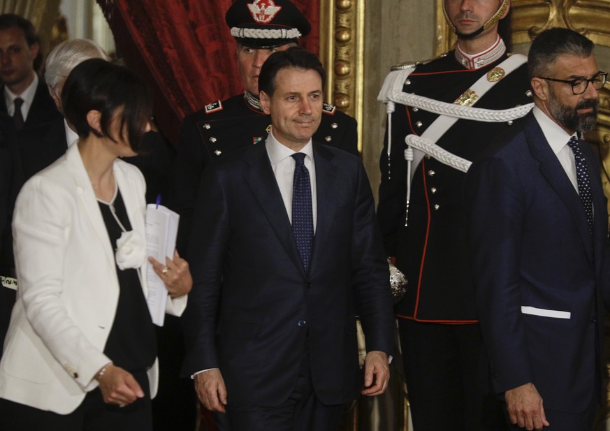 Italy&#039;s Premier Giuseppe Conte arrives for the swearing-in ceremony of Italy&#039;s new government at Rome&#039;s Quirinale Presidential Palace, Friday, June 1, 2018. (AP Photo/Gregorio Borgia)