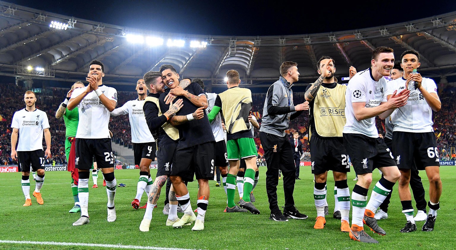 epa06707679 Liverpool players celebrate with fans after the UEFA Champions League semi final, second leg soccer match between AS Roma and Liverpool FC at the Olimpico stadium in Rome, Italy, 02 May 20 ...