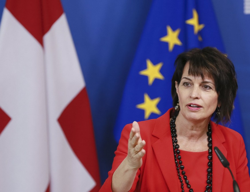 epa05891791 President of the Swiss Confederation Doris Leuthard speaks at a joint press conference with EU commission President Jean-Claude Juncker (not pictured) in Brussels, Belgium, 06 April 2017.  ...