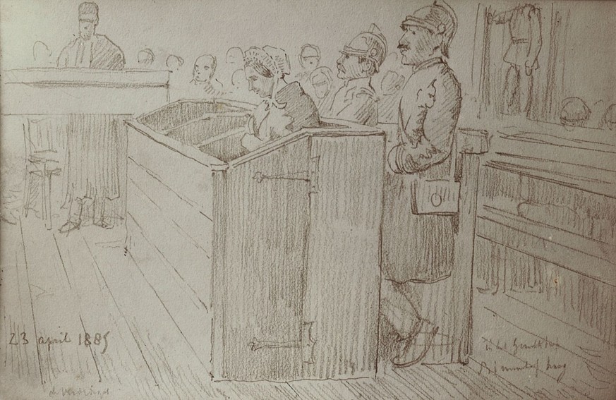 Der Prozess gegen Goeie Mie. Zeichnung von Victor de Stuers.