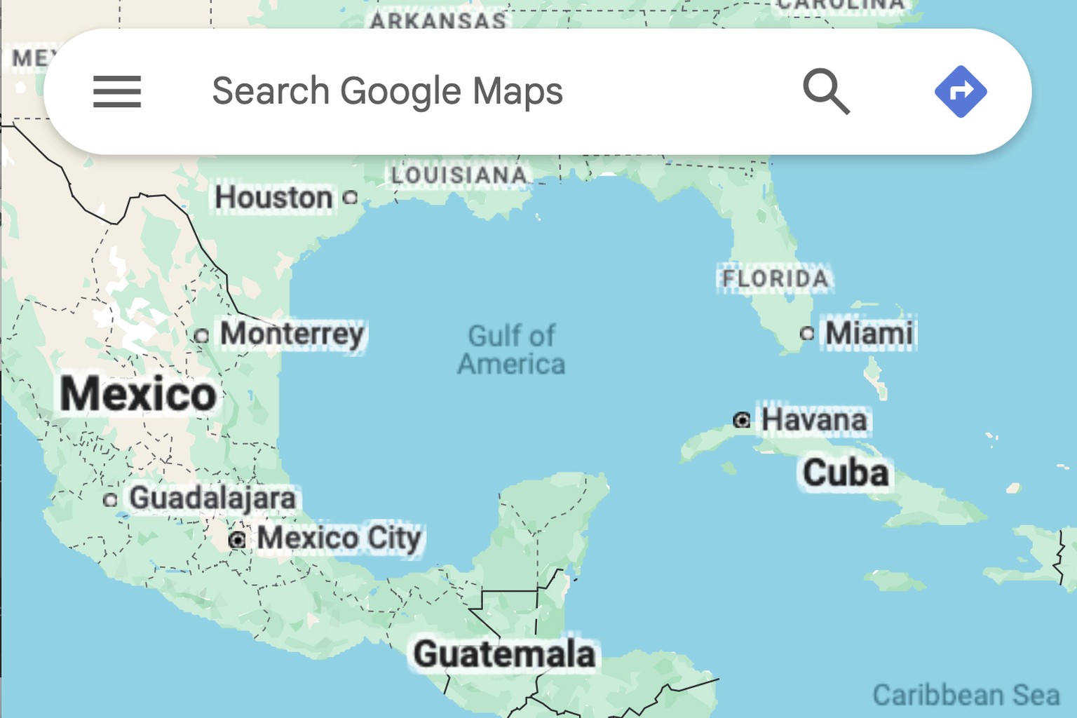 This image from Google Maps viewed from a browser in New York on Tuesday, Feb. 11, 2025, shows the Gulf of Mexico renamed the ?Gulf of America.? (Google via AP)