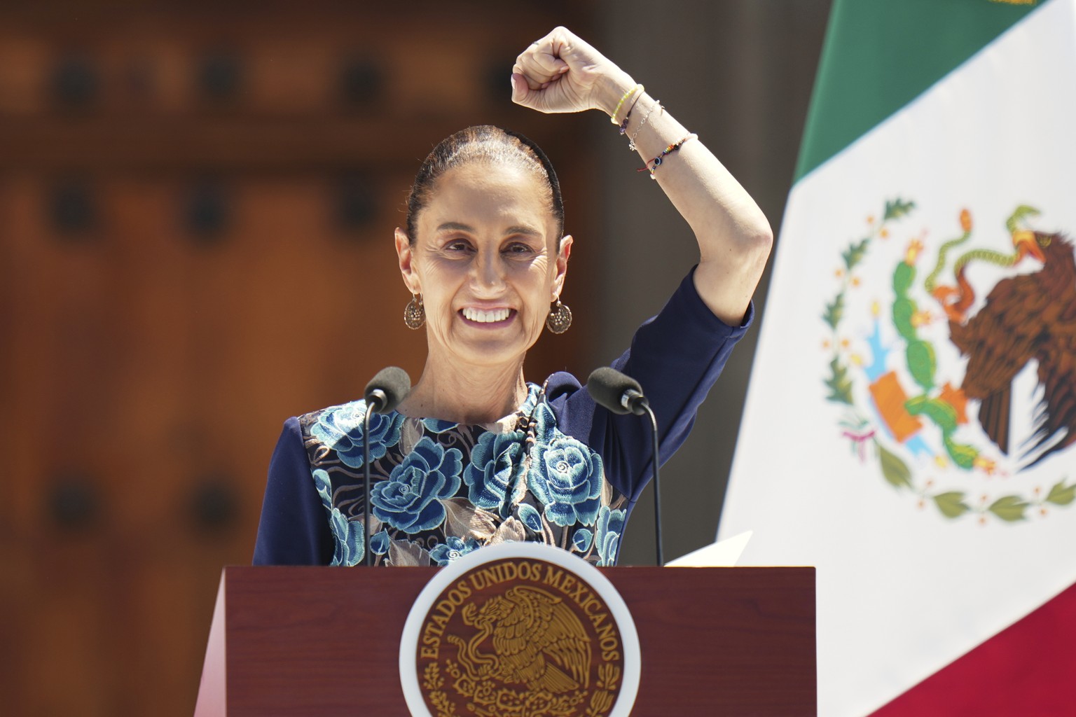President Claudia Sheinbaum addresses supporters at a rally she convened to welcome U.S. President Donald Trump&#039;s decision to postpone tariffs on Mexican goods for one month at the Zocalo, Mexico ...