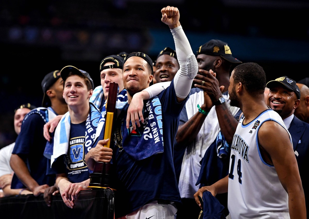 NCAA, College League, USA Basketball: Final Four Championship Game-Michigan vs Villanova, Apr 2, 2018 San Antonio, TX, USA Villanova Wildcats guard Jalen Brunson 1 celebrates after beating the Michiga ...