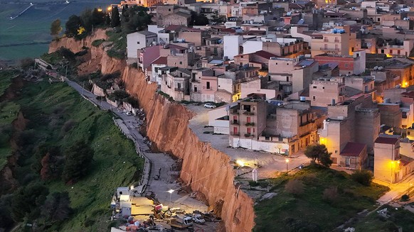 Aerial view of the village of Niscemi near the Sicilian town of Caltanissetta, southern Italy, Tuesday, Jan. 27, 2026, where severe storms provoked a landslide, and some 1,500 people had to be evacuat ...