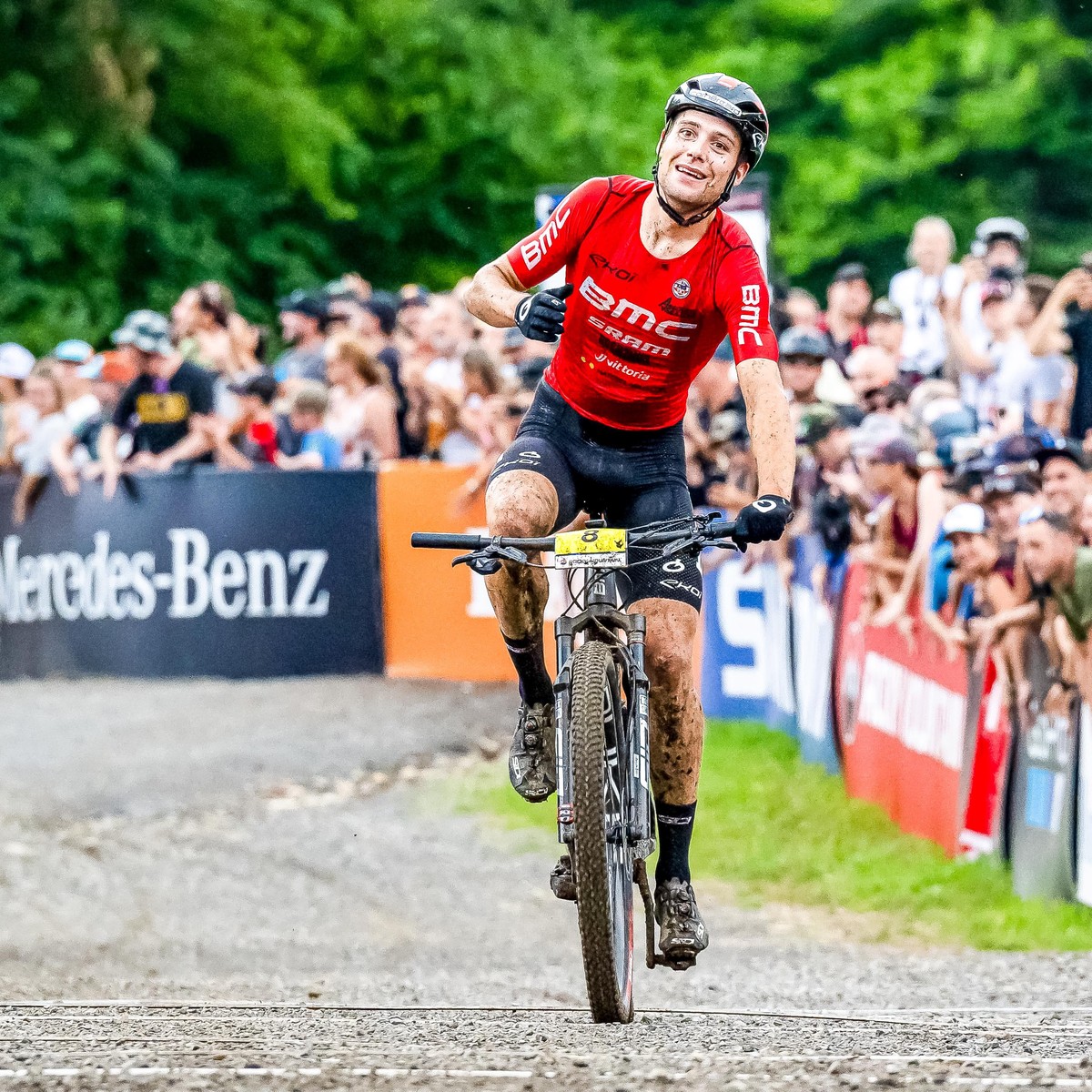 epa10111124 Filippo Colombo of Switzerland, crosses the finish line during the UCI Mountain Bike World Cup Cross Country Men's Elite race, XCO, in Mont Saint Anne, Canada, 07 August 2022. EPA/AND ...