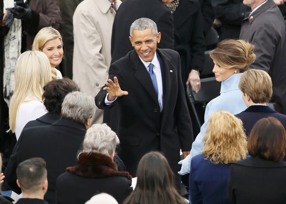 President Obama waves as he walks past theTrump family at the inauguration ceremonies swearing in Donald Trump as the 45th president of the United States on the West front of the U.S. Capitol in Washi ...