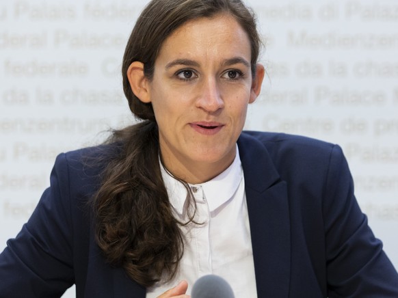 Marionna Schlatter-Schmid, Nationalraetin GP-ZH, spricht waehrend einer Medienkonferenz zur Lancierung der Kampagne &quot;Nein zu den Kampfjet-Milliarden&quot;, am Freitag, 14. August 2020 in Bern. (K ...