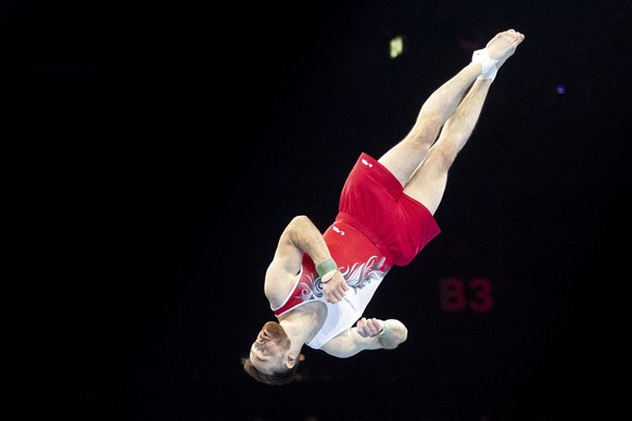 Switzerland&#039;s Benjamin Gischard performs on the floor exercise during the men&#039;s apparatus finals of the 2021 European Championships in Artistic Gymnastics in the St. Jakobshalle in Basel, Sw ...