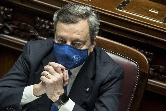 epa09022612 Italian Prime Minister, Mario Draghi, at the Chamber of Deputies for a confidence vote on his new government in Rome, Italy, 18 February 2021. The new government faced a vote of confidence ...