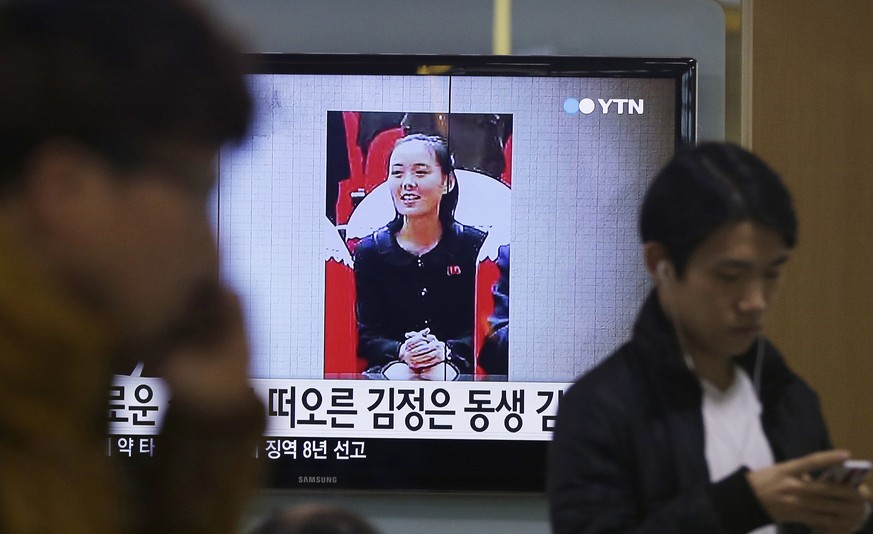 FILE - In this Nov. 27, 2014 file photo, an image of North Korean leader Kim Jong Un&#039;s younger sister Kim Yo Jong is shown on a screen broadcasting a TV news program at Seoul Railway Station in S ...
