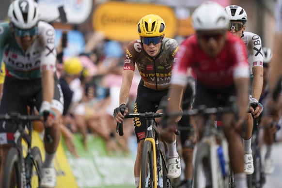 Denmark&#039;s Jonas Vingegaard crosses the finish line during the fifth stage of the Tour de France cycling race over 157 kilometers (97.6 miles) with start in Lille Metropole and finish in Arenberg  ...