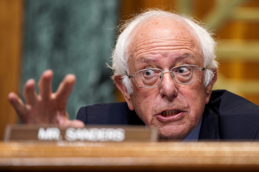 epa09255442 Senate Budget Committee Chairman Bernie Sanders (I-Vt.) gives an opening statement during a hearing to discuss President Biden&#039;s budget request for FY 2022, at the US Capitol in Washi ...