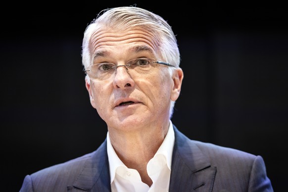Sergio P. Ermotti, Group Chief Executive Officer of Swiss bank UBS speaks during a delegates' meeting of the FDP party of the Canton of Zurich on Tuesday April 8, 2025 in Zurich, Switzerland. (KE ...