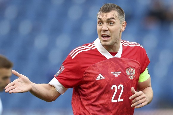 Russia's Artyom Dzyuba reacts during the World Cup 2022 group H qualifying soccer match between Russia and Slovenia at the Fisht Olympic Stadium in Sochi, Russia, Saturday, March 27, 2021. (AP Ph ...