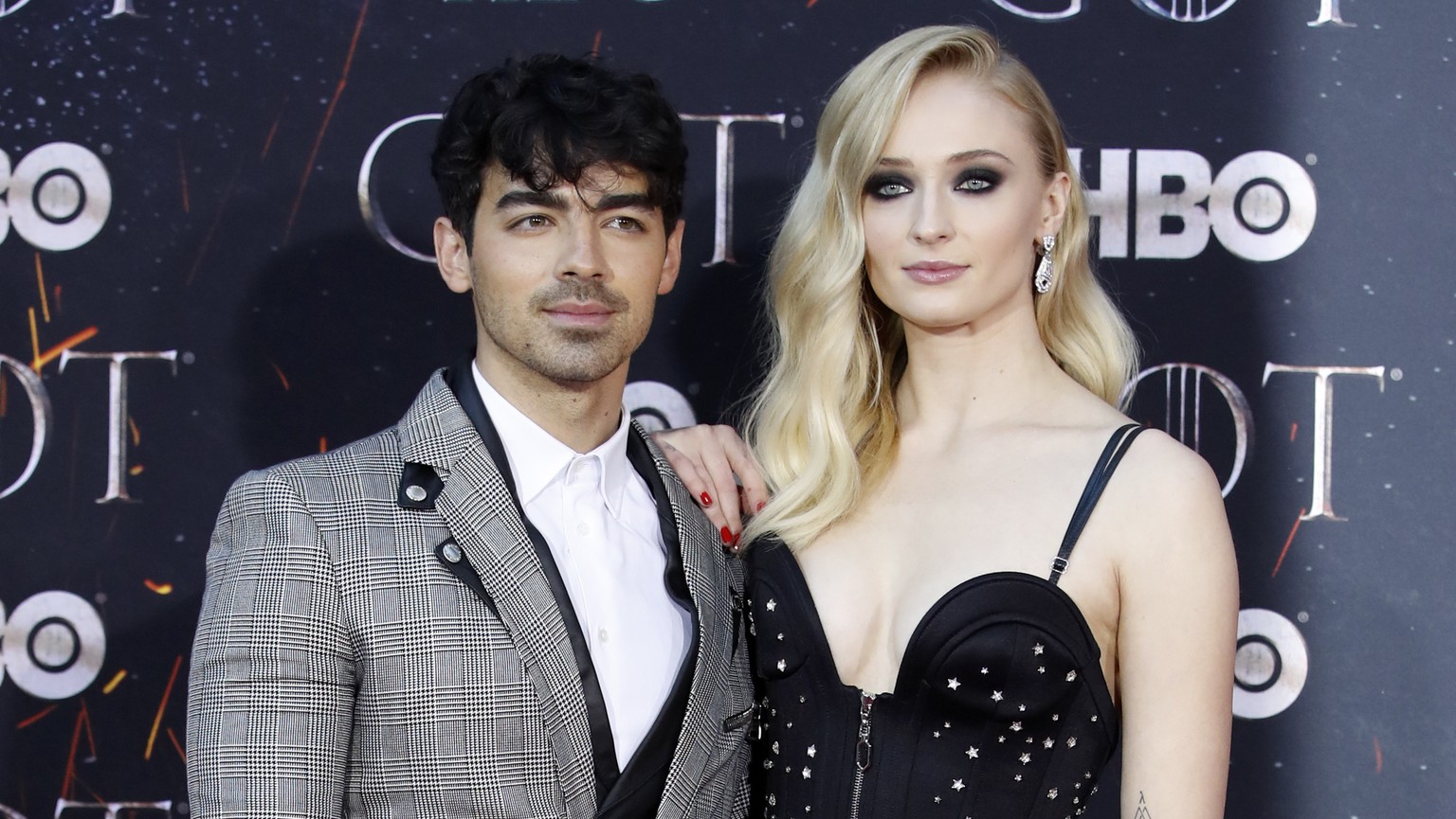 epa07483926 Singer Joe Jonas and actress Sophie Turner arrive for the New York red carpet premiere for the eighth and final season of Game of Thrones at Radio City Music Hall in New York, New York, US ...