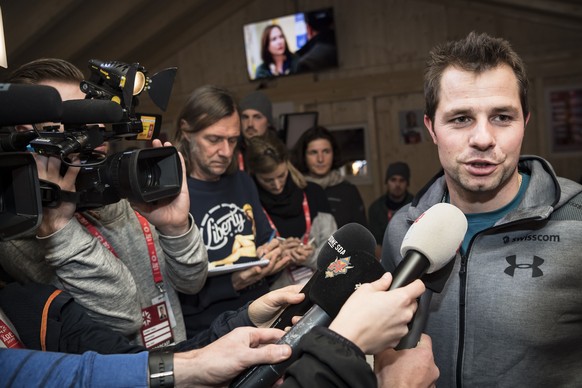 Beat Feuz of Switzerland speaks during a press conference of the Swiss-Ski federation at the 2019 FIS Alpine Skiing World Championships in Are, Sweden Monday, February 4, 2019. (KEYSTONE/Jean-Christop ...