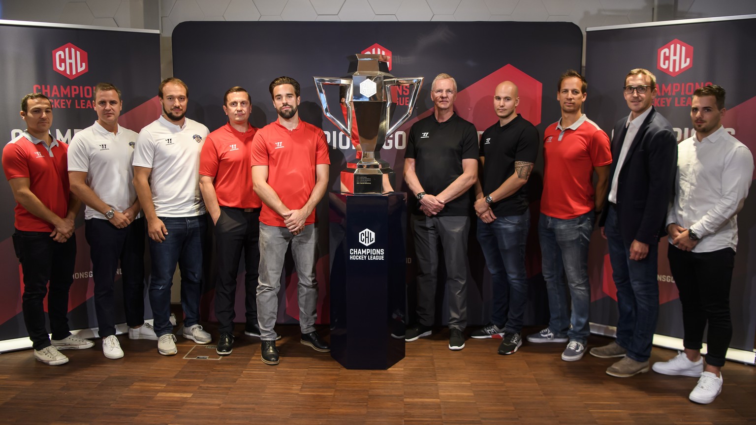 From left to right, EHC Biel-Bienne Player Mathieu Tschantre, EV Zug Head Coach Dan Tangnes, EV Zug Player Jan Kovar, Lausanne HC Head Coach Ville Peltonen, Lausanne HC Player Christoph Bertschy, SC B ...