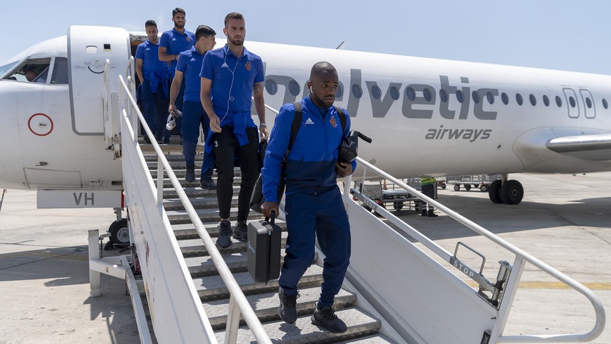 Basel&#039;s Aldo Kalulu, Konstantinos Dimitriou, Blas Riveros, Eray Cuemart and Samuele Campo, from right, upon their arrival the day before the UEFA Champions League second qualifying round first le ...