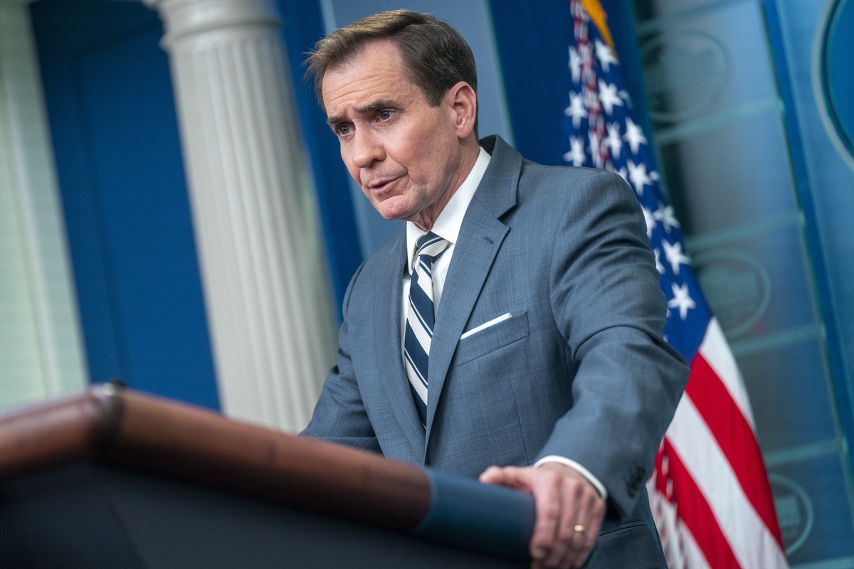 epa10499511 Coordinator for Strategic Communications at the National Security Council John Kirby responds to a question from the news media during the daily briefing at the White House in Washington,  ...