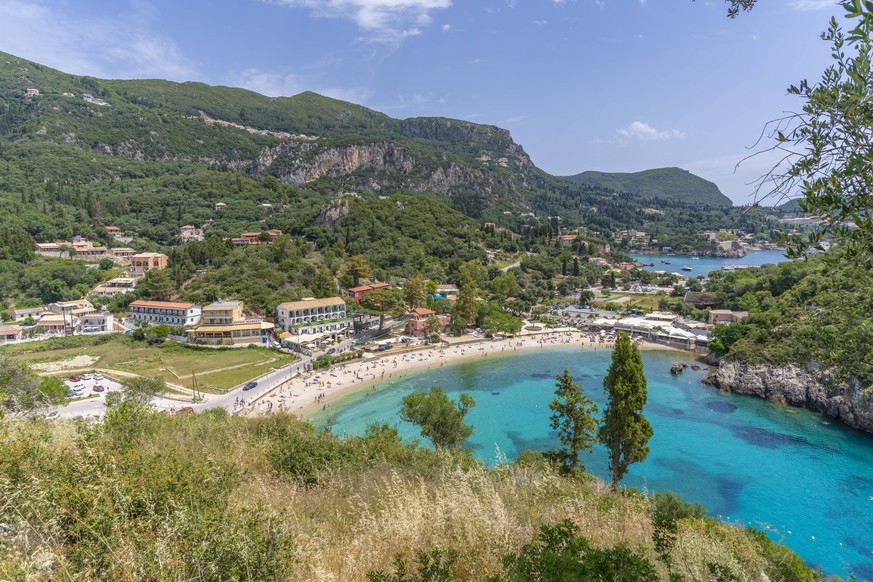 View of Agios Spiridon Beach from Monastery of Paleokastritsa in Palaiokastritsa, Corfu, Ionian Sea, Greek Islands, Greece, Europe Copyright: FrankxFell 844-35269 RECORD DATE NOT STATED