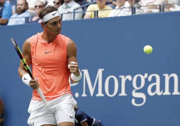 Rafael Nadal, of Spain, reacts after winning a point against Nikoloz Basilashvili, of Georgia, during the fourth round of the U.S. Open tennis tournament, Sunday, Sept. 2, 2018, in New York. (AP Photo ...