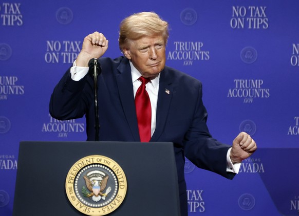epa13152898 US President Donald Trump dances as he prepares to leave the podium after speaking on the economy at the Red Rock Casino in Las Vegas, Nevada, USA, 05 August 2026. Trump spoke about workin ...