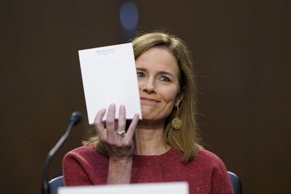 Supreme Court nominee Amy Coney Barrett speaks during a confirmation hearing before the Senate Judiciary Committee, Tuesday, Oct. 13, 2020, on Capitol Hill in Washington. Sen. John Cornyn, R-Texas, as ...