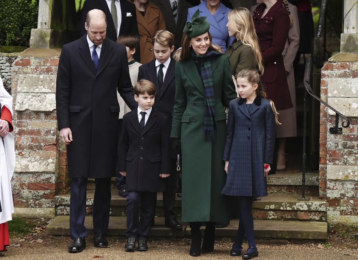 From left, Britain's Prince William, Prince Louis, Prince George, Kate, Princess of Wales and Princess Charlotte following the Christmas day service at St Mary Magdalene Church in Sandringham in  ...